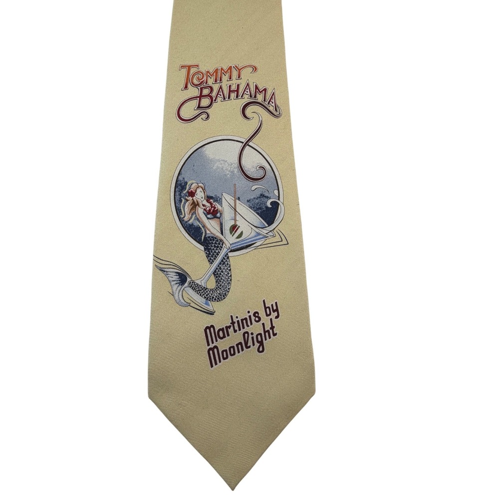 Tommy Bahama Martinis by Moonlight Mermaid Silk Tie Yellow Herringbone Hand Made
